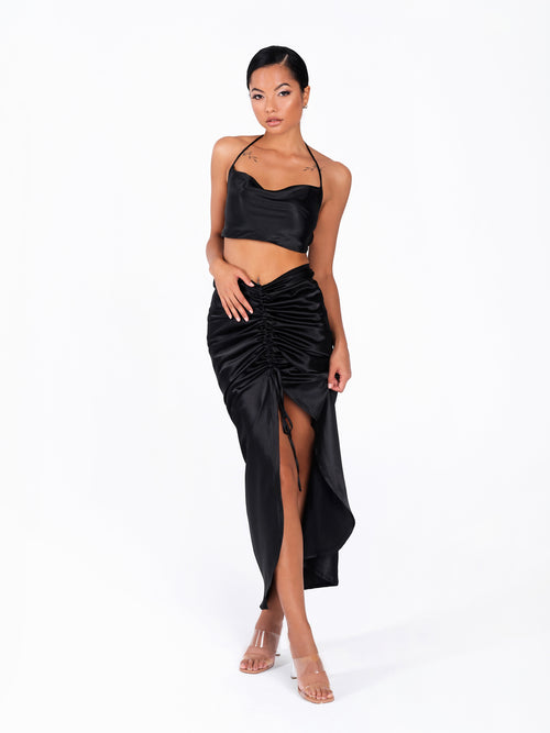 Front Drawstring Satin Long Dress