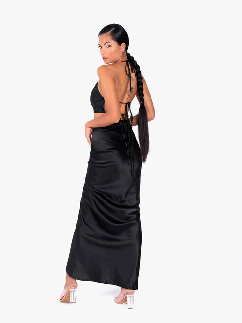 Front Drawstring Satin Long Dress